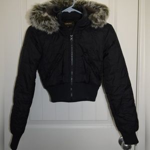 cropped jacket with fur hood